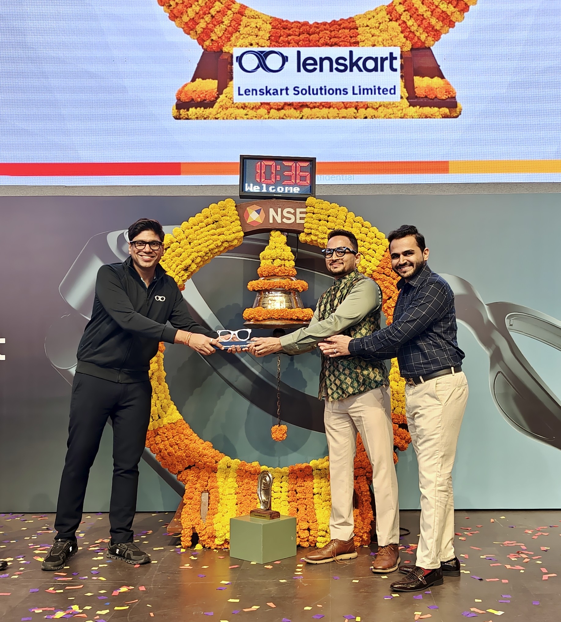 AjnaLens and Lenskart leadership at the NSE listing ceremony